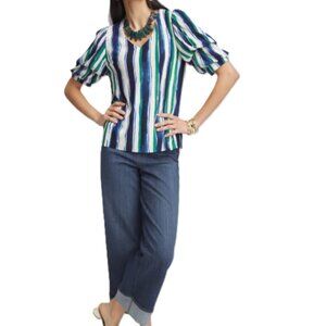 Chico's 2 (Large) Blue Green Stripe V-Neck Pleated Gathered Sleeve Lined Blouse